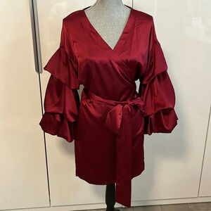 Bubble Sleeve Satiny Wrap Dress Burgundy, Size L